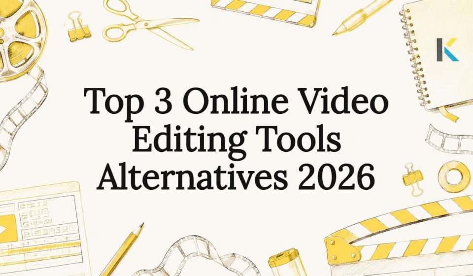 Decorative title card with video editing tools illustrations