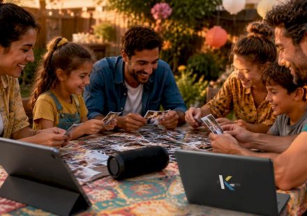 Family preparing slideshow with music at home