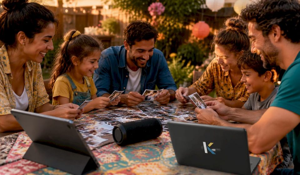 Family preparing slideshow with music at home