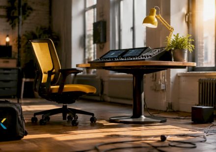 Futuristic video editing workstation with overlays