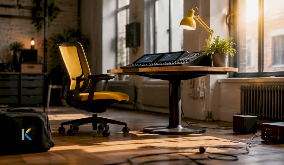 Futuristic video editing workstation with overlays
