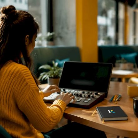 Futuristic video editing workspace with console and screens