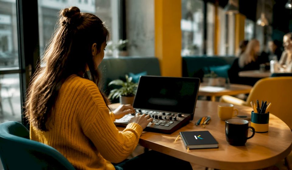 Futuristic video editing workspace with console and screens