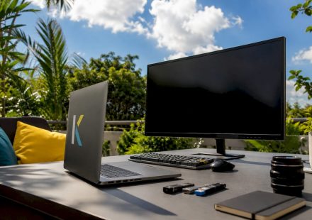 Futuristic digital media workspace with devices