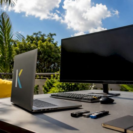 Futuristic digital media workspace with devices