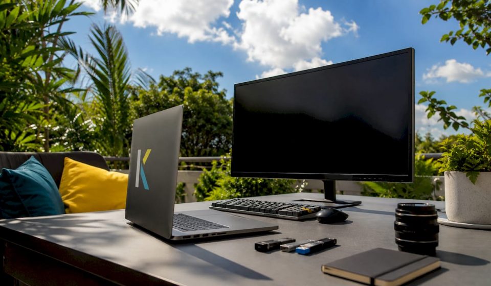 Futuristic digital media workspace with devices