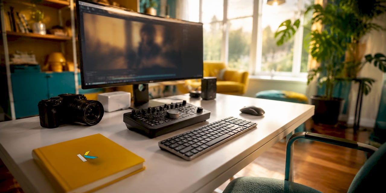 Futuristic video editing workstation with camera and monitors