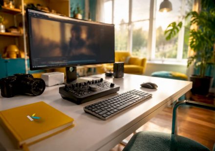 Futuristic video editing workstation with camera and monitors