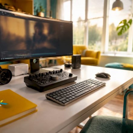 Futuristic video editing workstation with camera and monitors