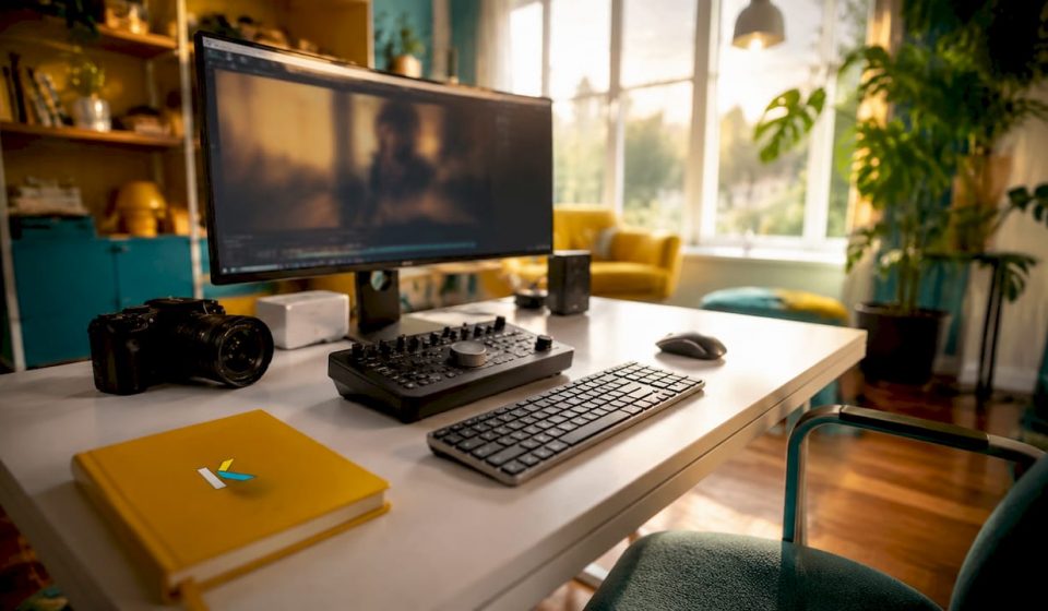 Futuristic video editing workstation with camera and monitors