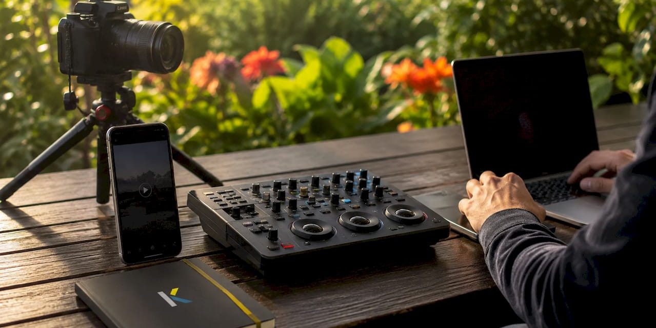 Modern tech studio with video devices on desk