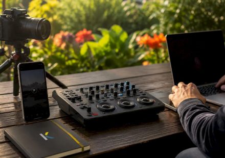 Modern tech studio with video devices on desk