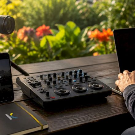 Modern tech studio with video devices on desk