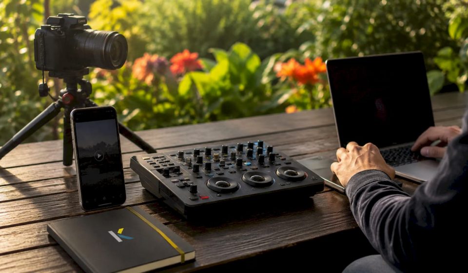 Modern tech studio with video devices on desk