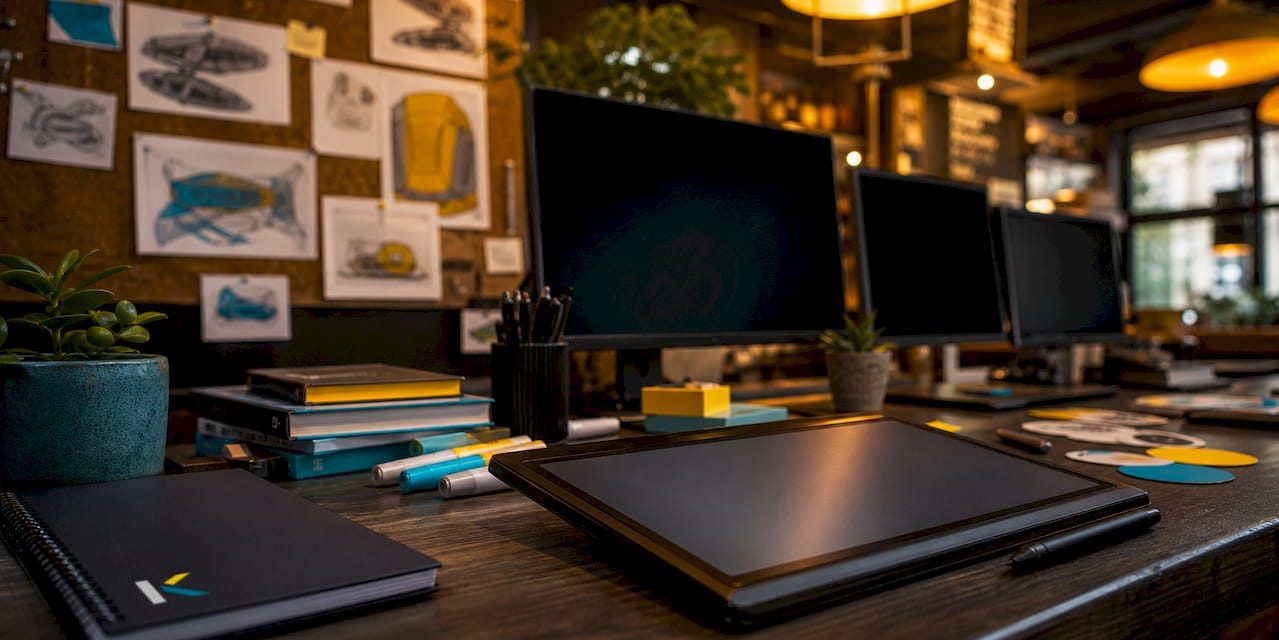 Futuristic graphic design workspace with drawing tablet