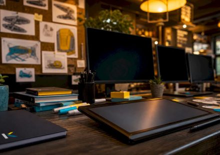 Futuristic graphic design workspace with drawing tablet
