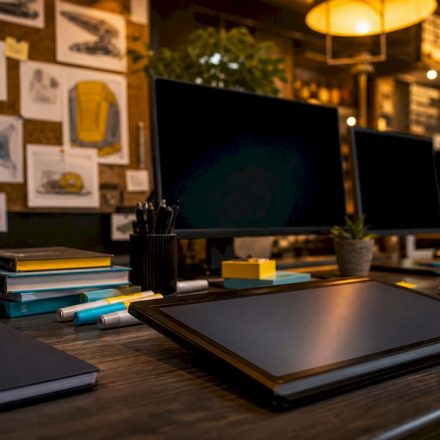 Futuristic graphic design workspace with drawing tablet