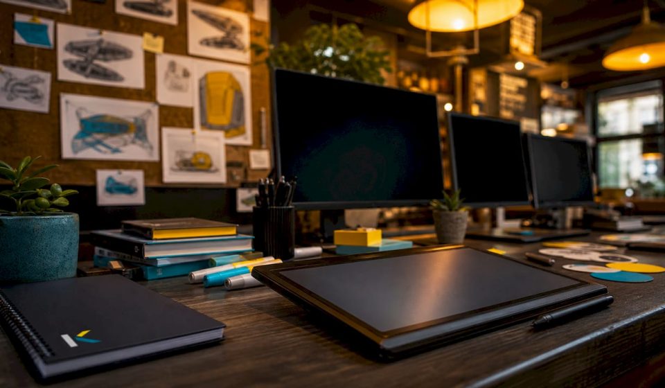 Futuristic graphic design workspace with drawing tablet