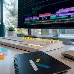Futuristic video editing workstation with console