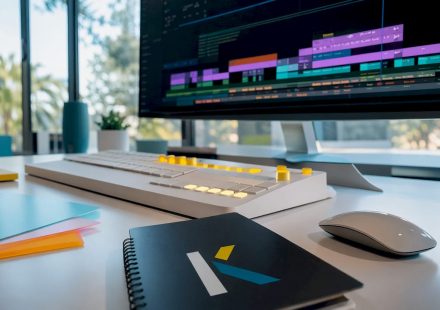 Futuristic video editing workstation with console