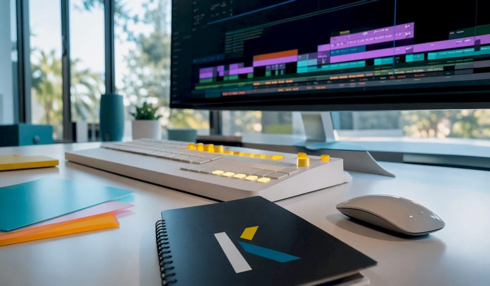 Futuristic video editing workstation with console