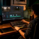 Video editor working at futuristic editing desk