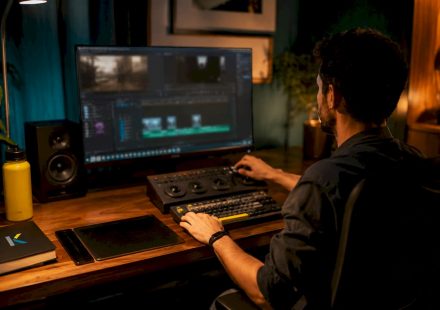 Video editor working at futuristic editing desk