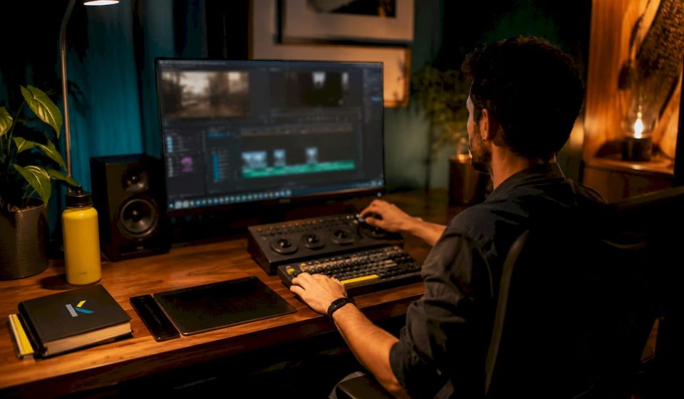 Video editor working at futuristic editing desk