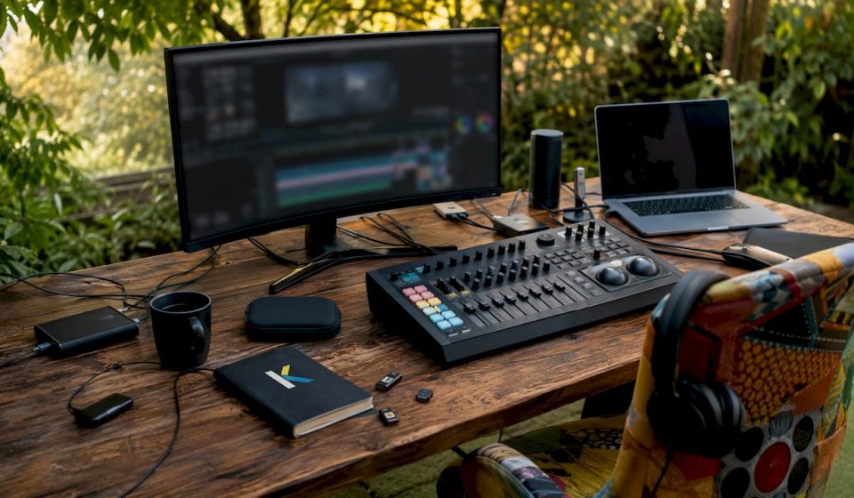 Modern video editing workspace with effects library tools