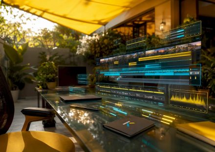 Futuristic multi-layer video timeline editing workspace