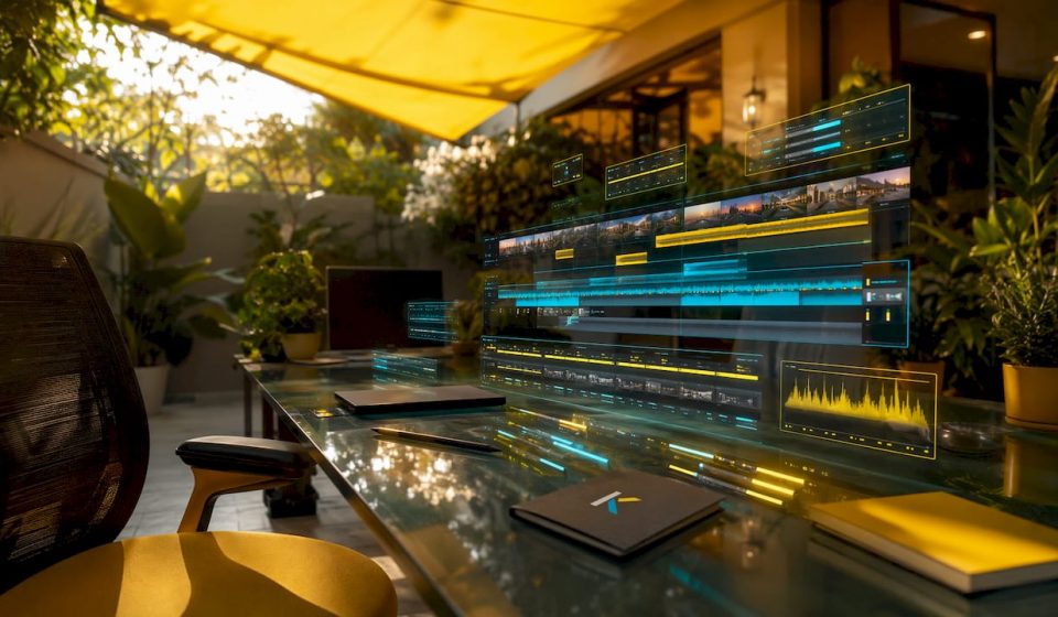 Futuristic multi-layer video timeline editing workspace