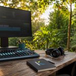 Futuristic music video editing studio setup