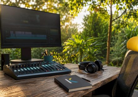 Futuristic music video editing studio setup