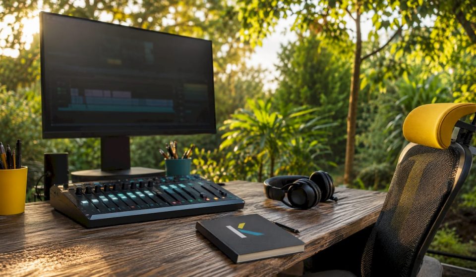 Futuristic music video editing studio setup