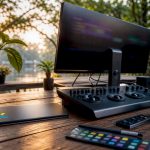 Futuristic anniversary video editing workstation setup