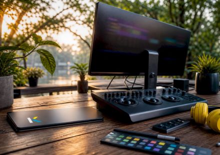 Futuristic anniversary video editing workstation setup