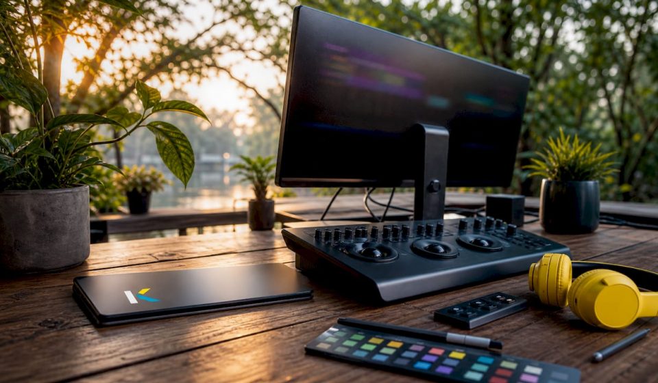 Futuristic anniversary video editing workstation setup