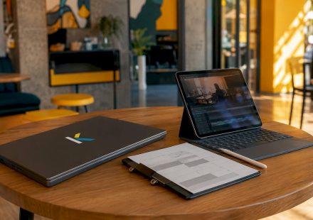Futuristic corporate video planning workspace