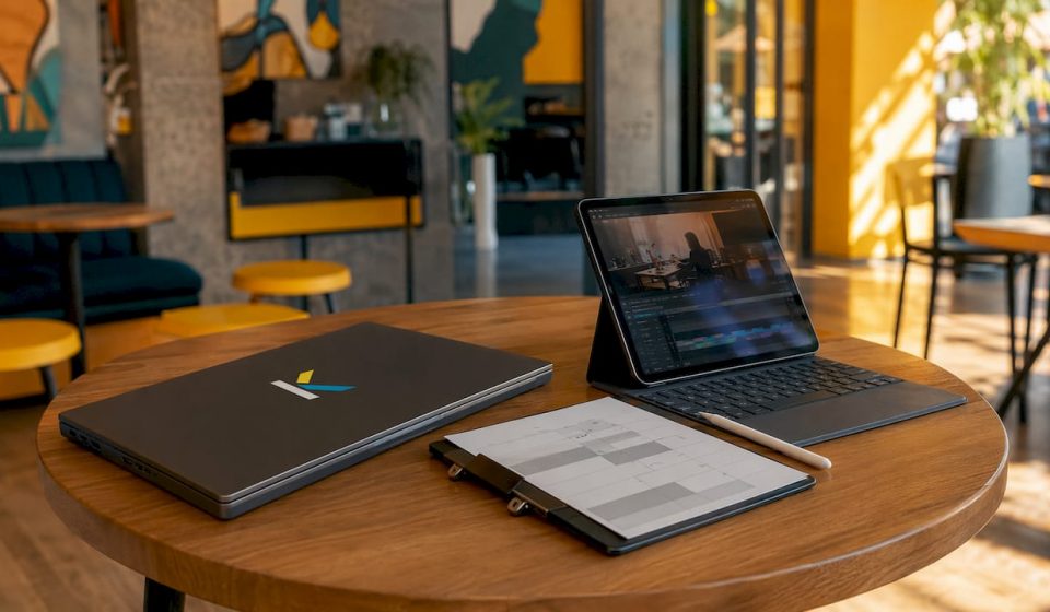 Futuristic corporate video planning workspace