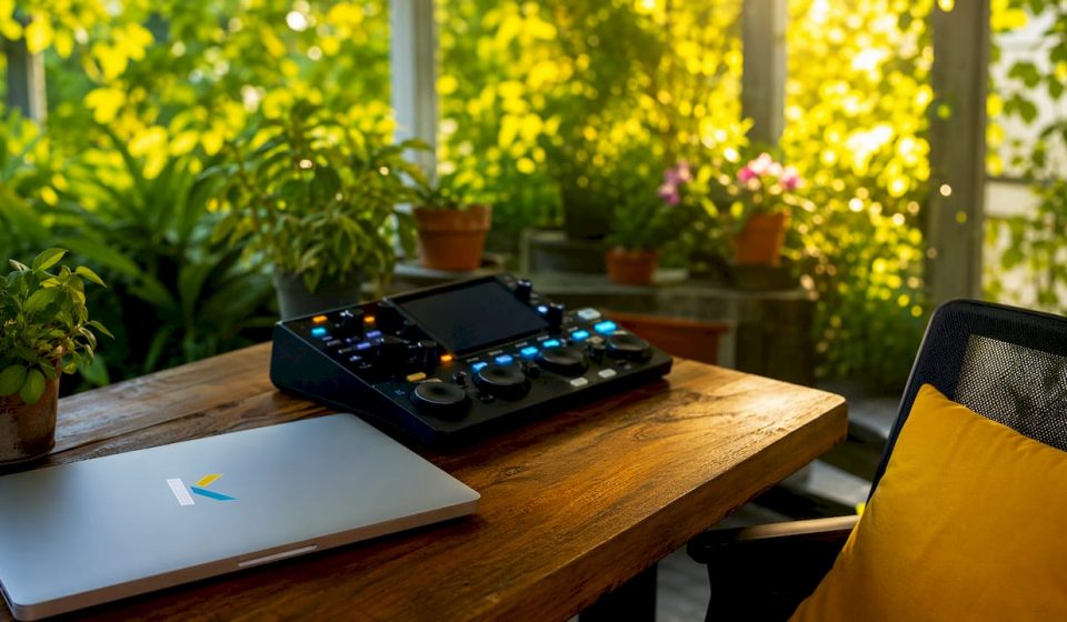 Futuristic video editing workspace without people
