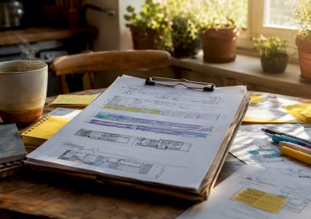 Old desk with film reels and timeline notes