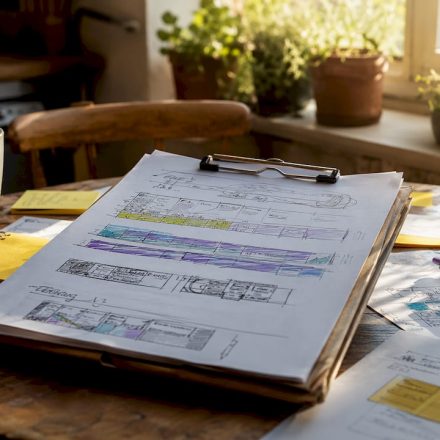 Old desk with film reels and timeline notes