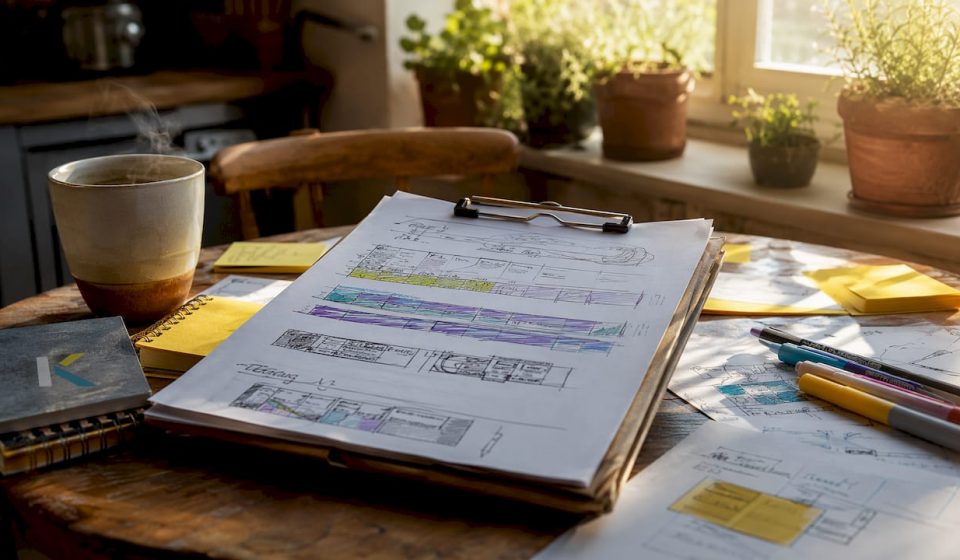Old desk with film reels and timeline notes