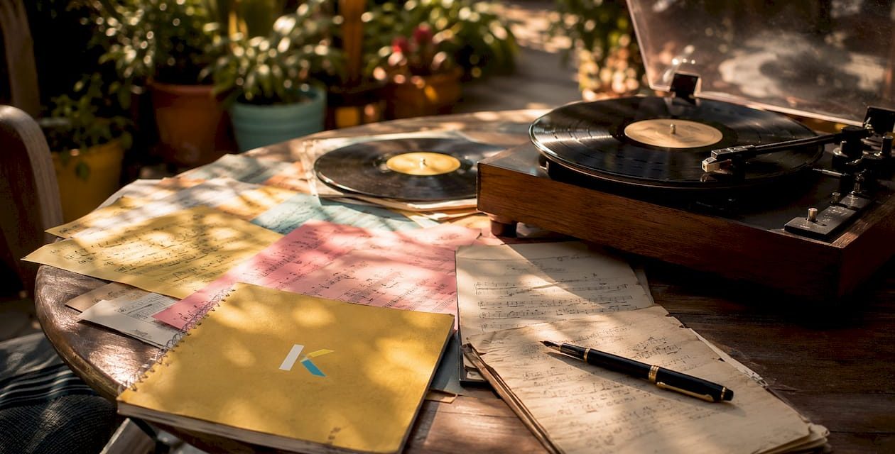Vintage workspace with vinyl records and music notes