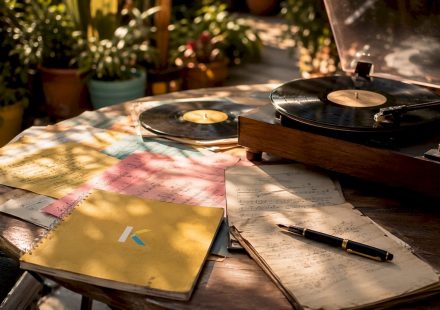 Vintage workspace with vinyl records and music notes