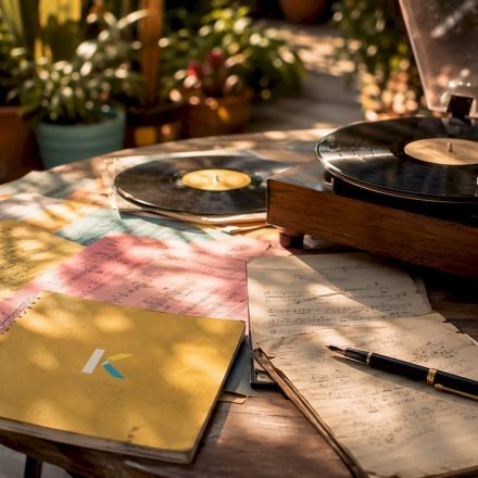 Vintage workspace with vinyl records and music notes