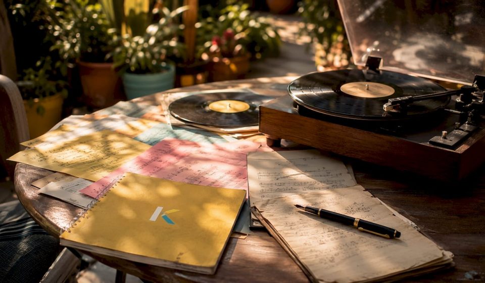 Vintage workspace with vinyl records and music notes