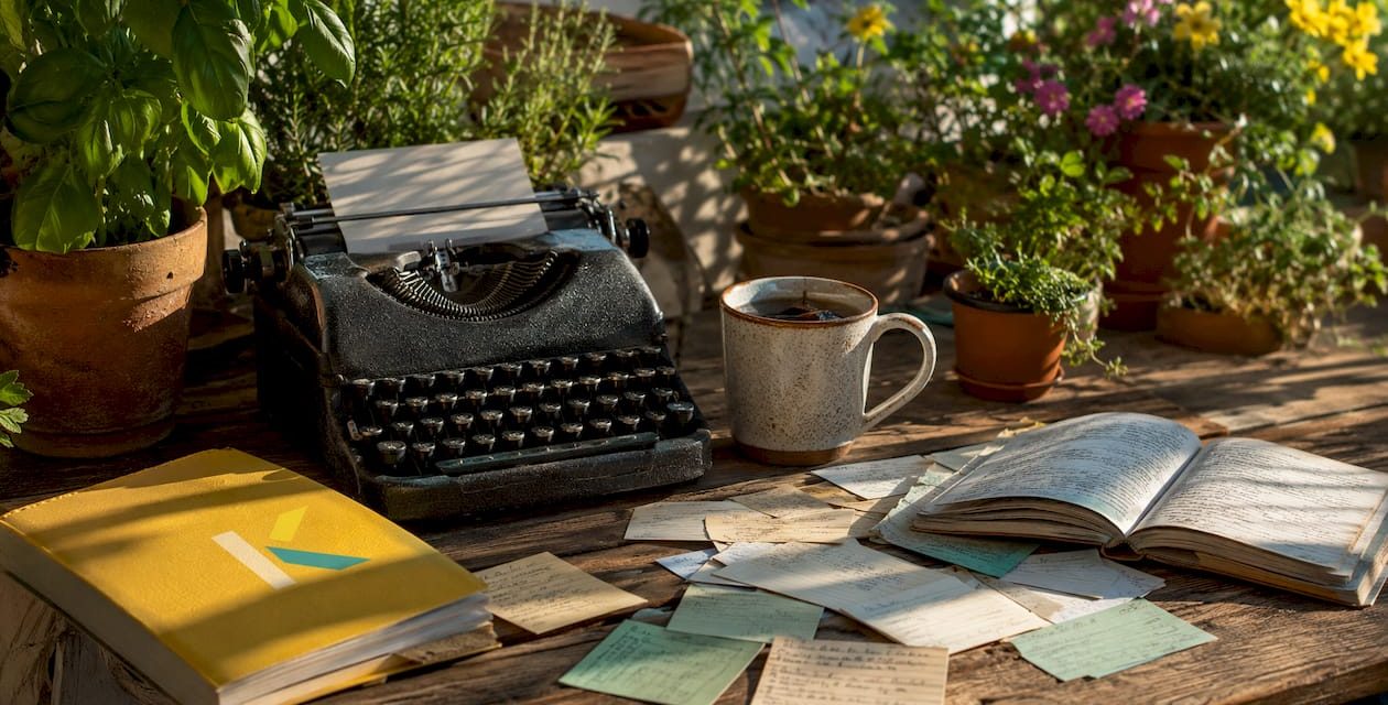 Vintage typewriter on rustic kitchen table with notes