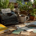 Vintage typewriter on rustic kitchen table with notes