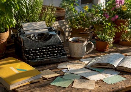 Vintage typewriter on rustic kitchen table with notes